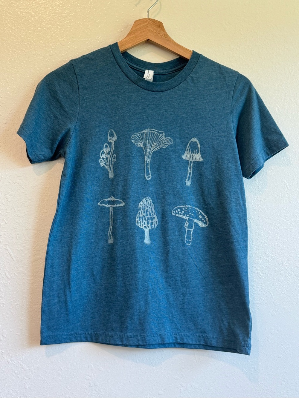 Bella Canvas Hand Printed Kids Blue Mushroom Graphic Tee | Size XL